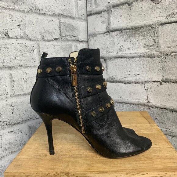 Michael Kors Bryn Black Leather Gold Studded Open Toe Stiletto Ankle Bootie - Picture 5 of 10